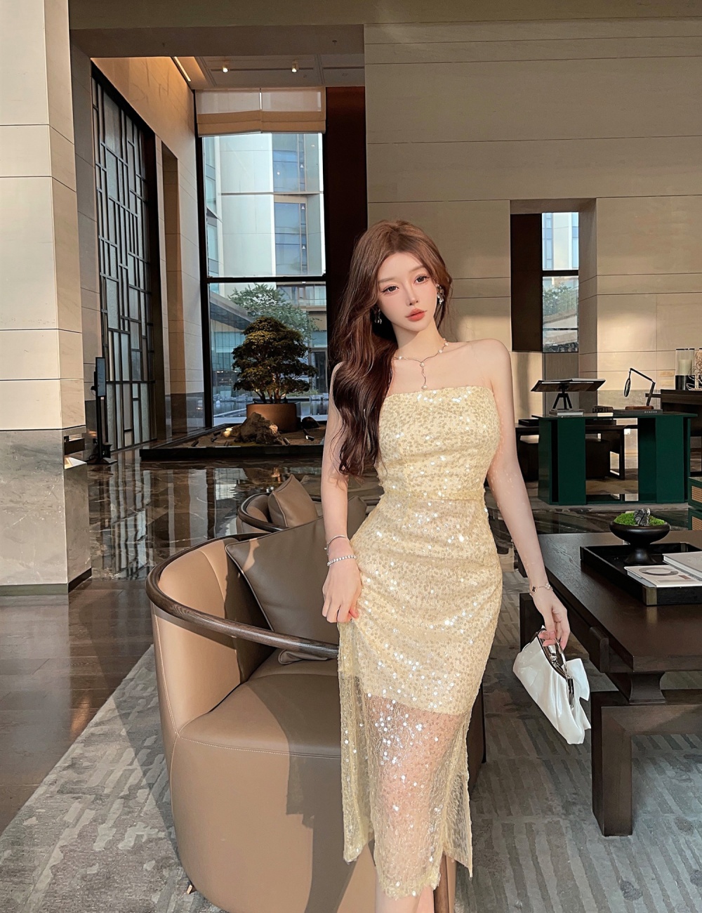 Light luxury wrapped chest formal dress sequins long dress