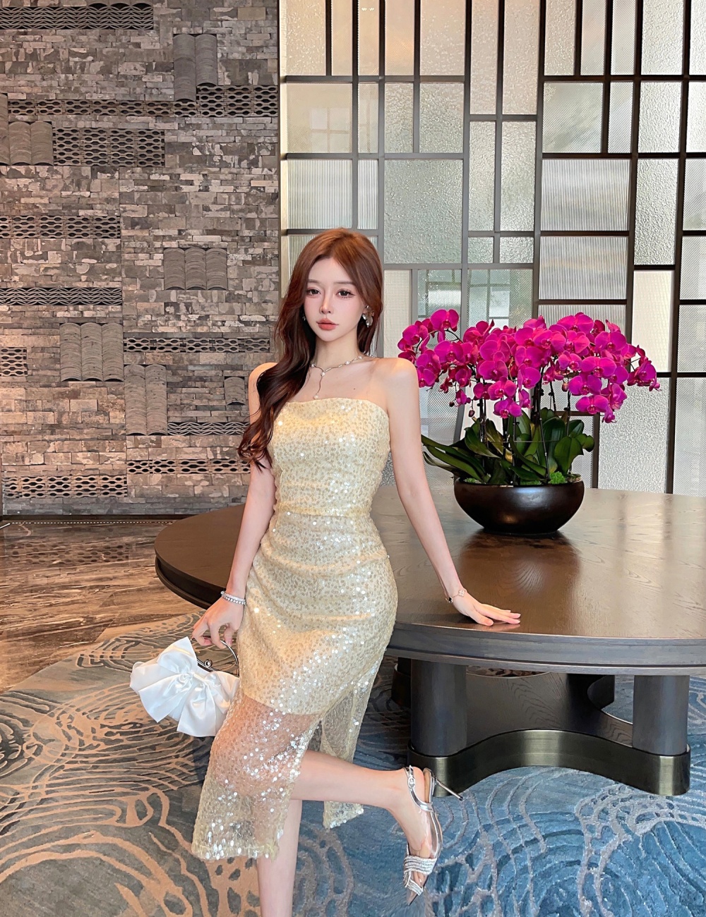 Light luxury wrapped chest formal dress sequins long dress