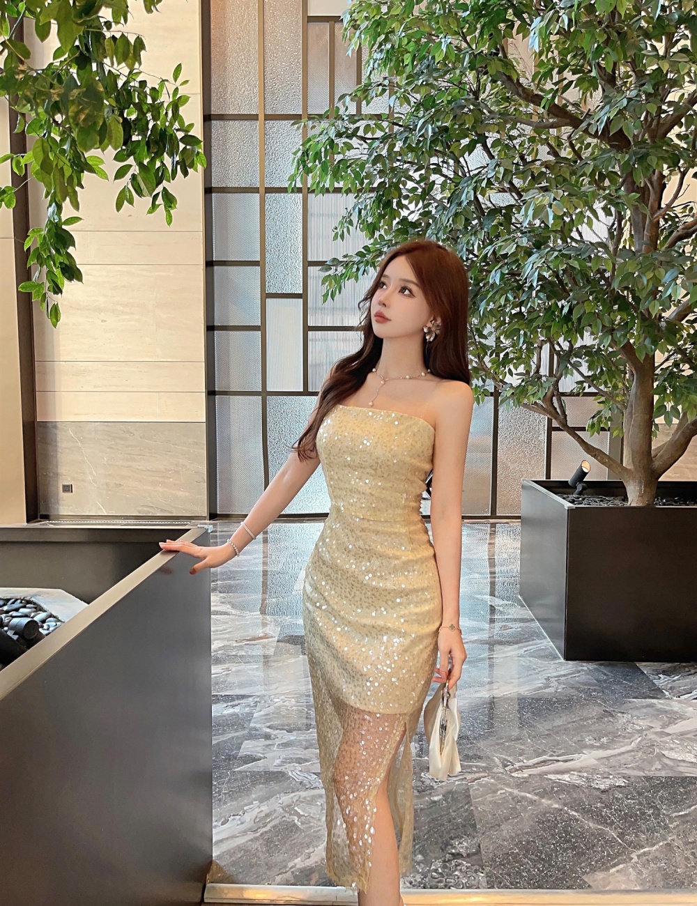 Light luxury wrapped chest formal dress sequins long dress