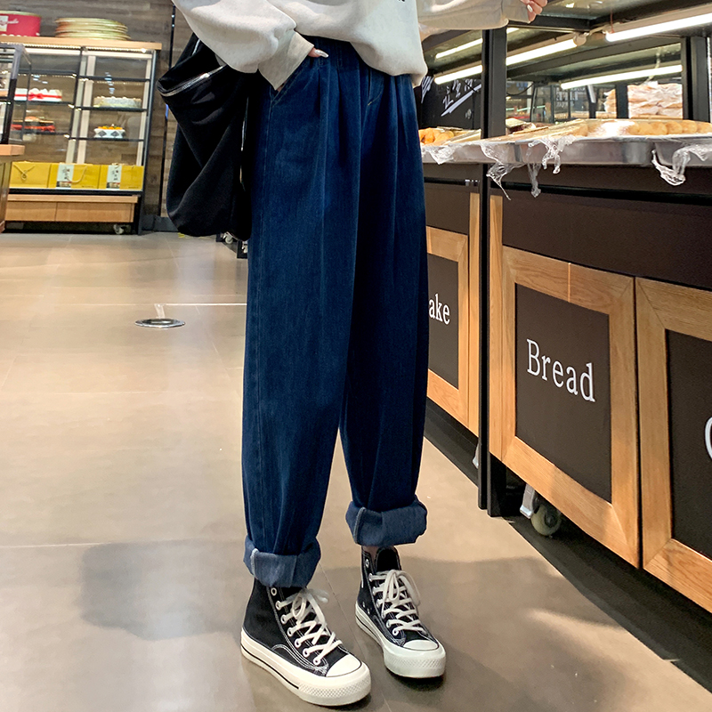 High waist elastic waist pants loose jeans for women