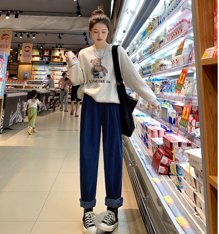 High waist elastic waist pants loose jeans for women