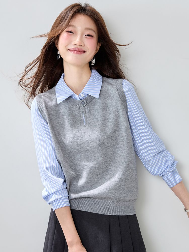 Splice spring Pseudo-two sweater commuting stripe shirt