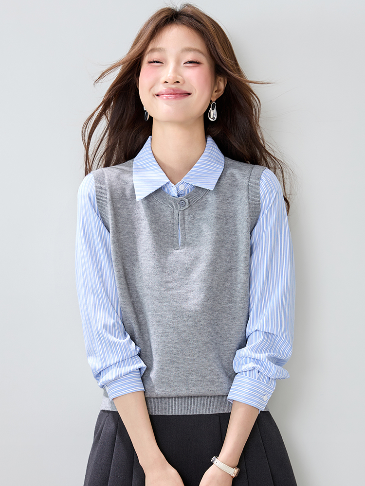 Splice spring Pseudo-two sweater commuting stripe shirt
