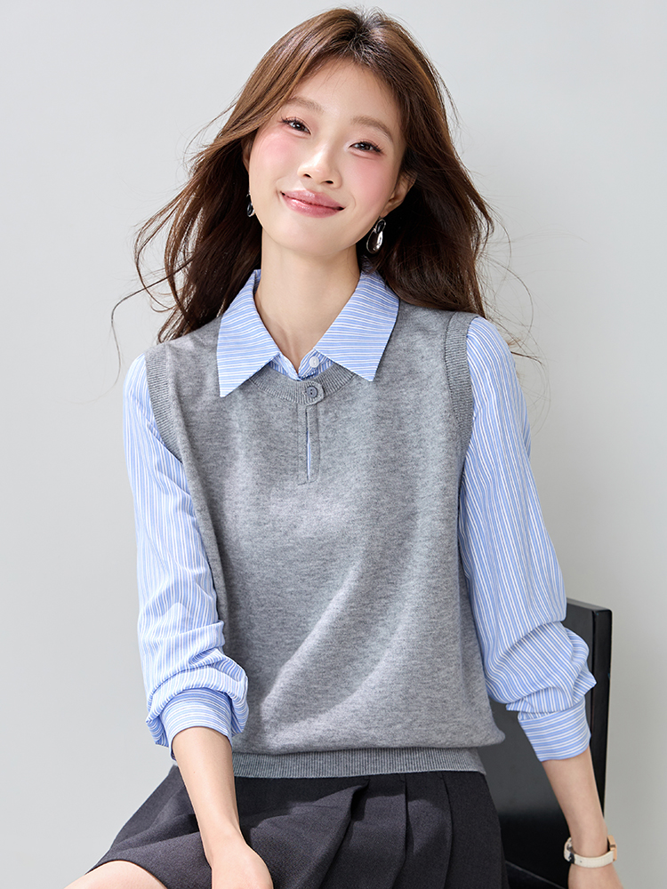 Splice spring Pseudo-two sweater commuting stripe shirt