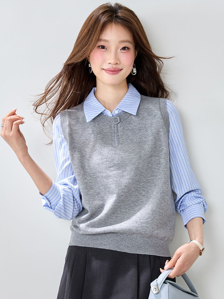 Splice spring Pseudo-two sweater commuting stripe shirt