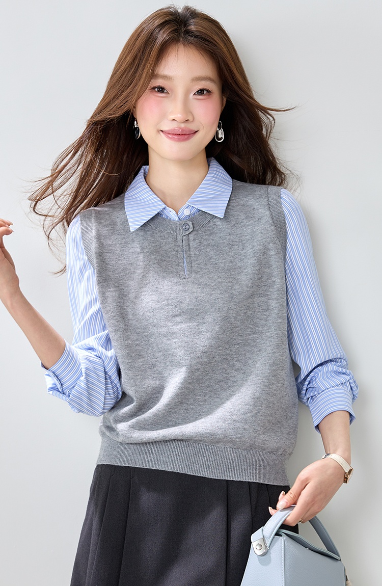 Splice spring Pseudo-two sweater commuting stripe shirt