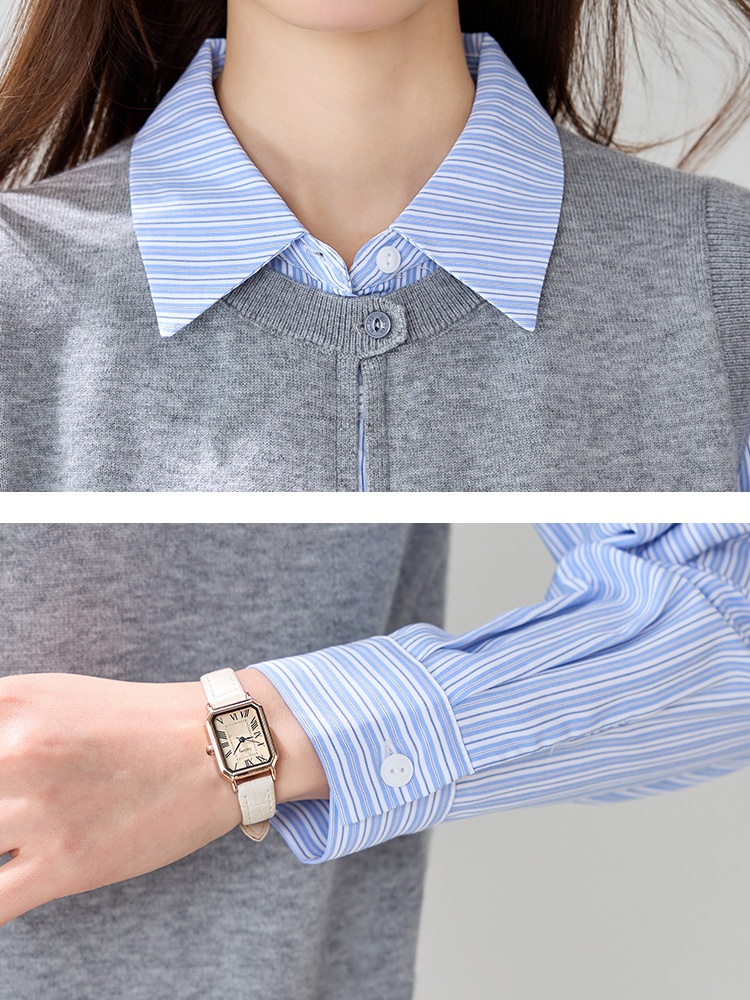 Splice spring Pseudo-two sweater commuting stripe shirt