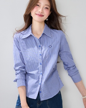 Slim long sleeve stripe shirt spring pinched waist fashion tops