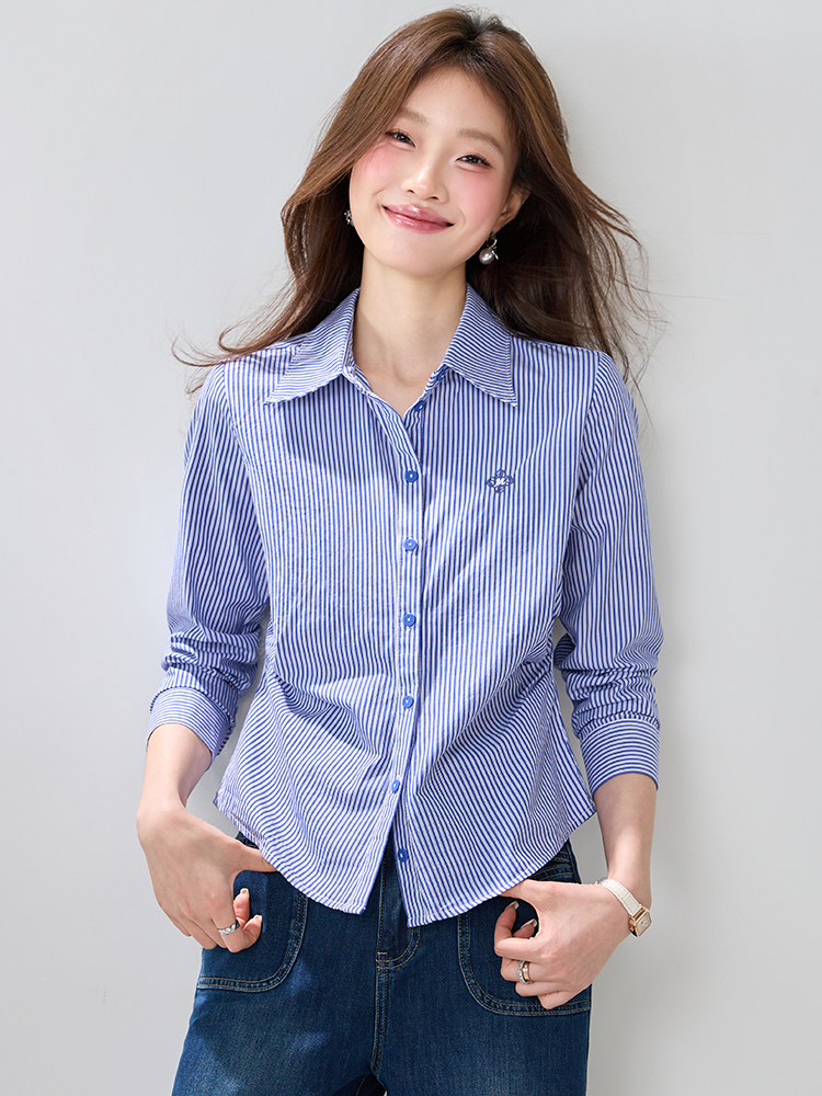 Slim long sleeve stripe shirt spring pinched waist fashion tops