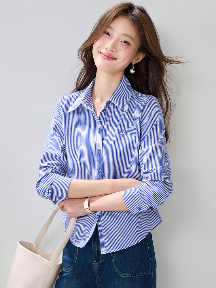 Slim long sleeve stripe shirt spring pinched waist fashion tops