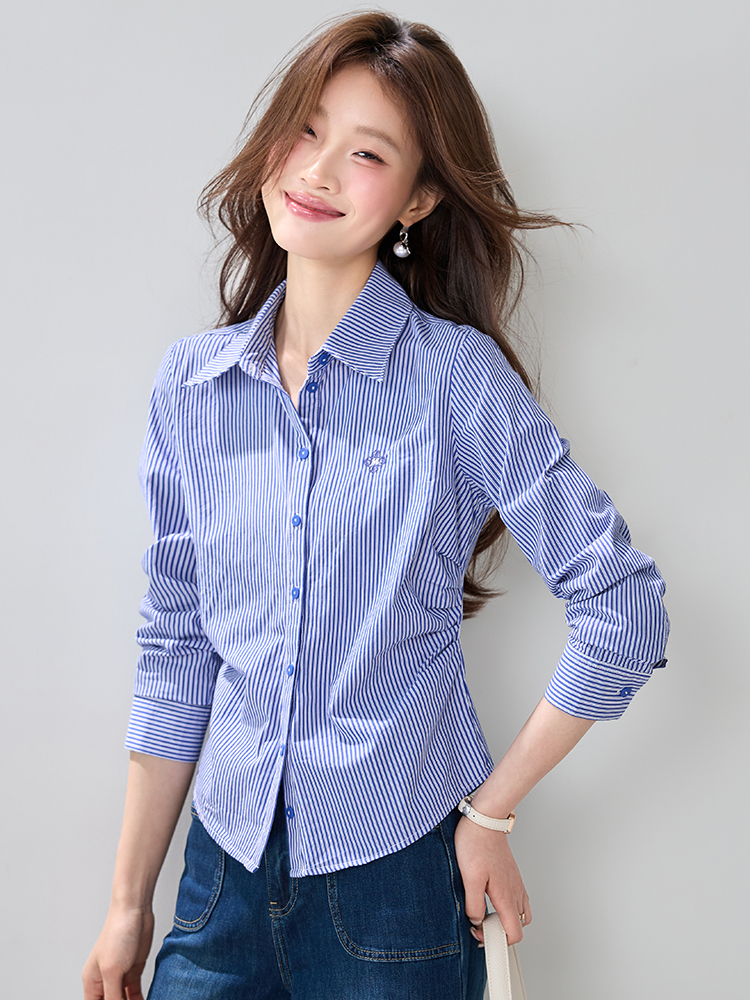 Slim long sleeve stripe shirt spring pinched waist fashion tops