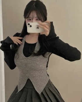 Pseudo-two mixed colors sweater slim simple tops for women