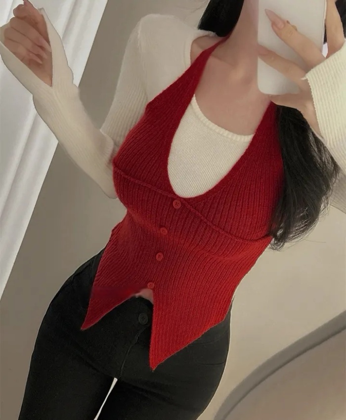 Pseudo-two mixed colors sweater slim simple tops for women