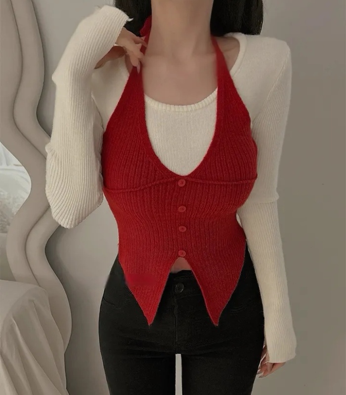 Pseudo-two mixed colors sweater slim simple tops for women