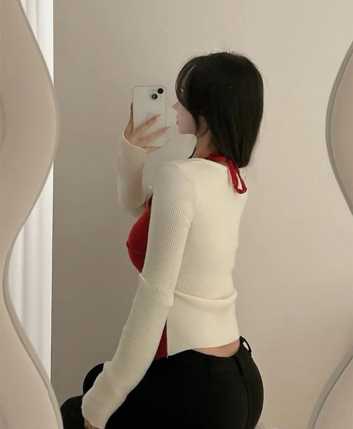 Pseudo-two mixed colors sweater slim simple tops for women