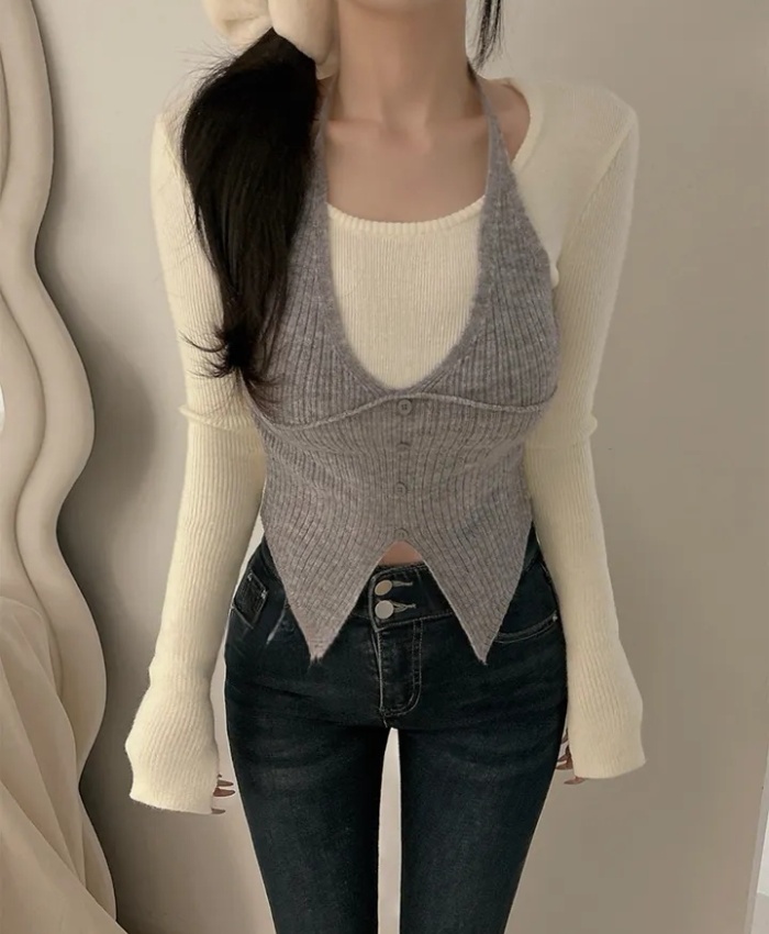 Pseudo-two mixed colors sweater slim simple tops for women