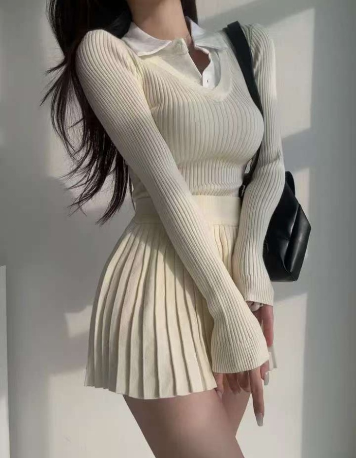 Pleated spring sweater V-neck gray short skirt 2pcs set