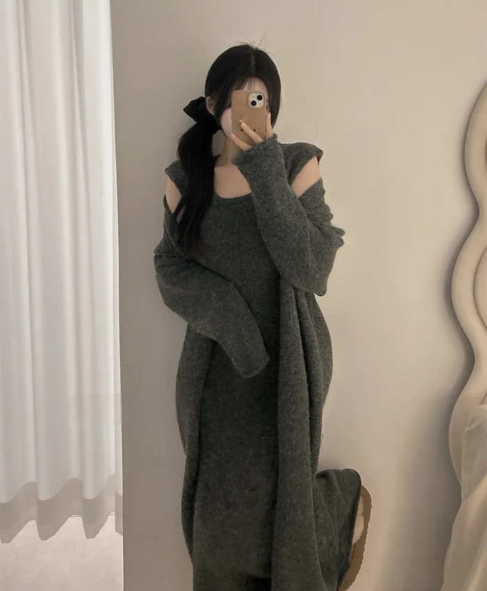 Temperament lazy dress knitted Casual coat 2pcs set