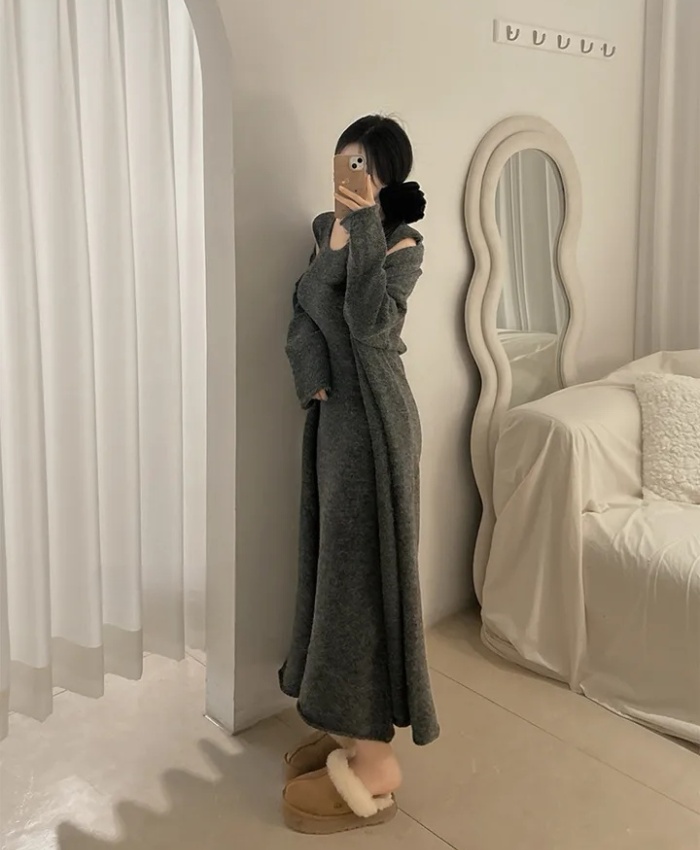 Temperament lazy dress knitted Casual coat 2pcs set