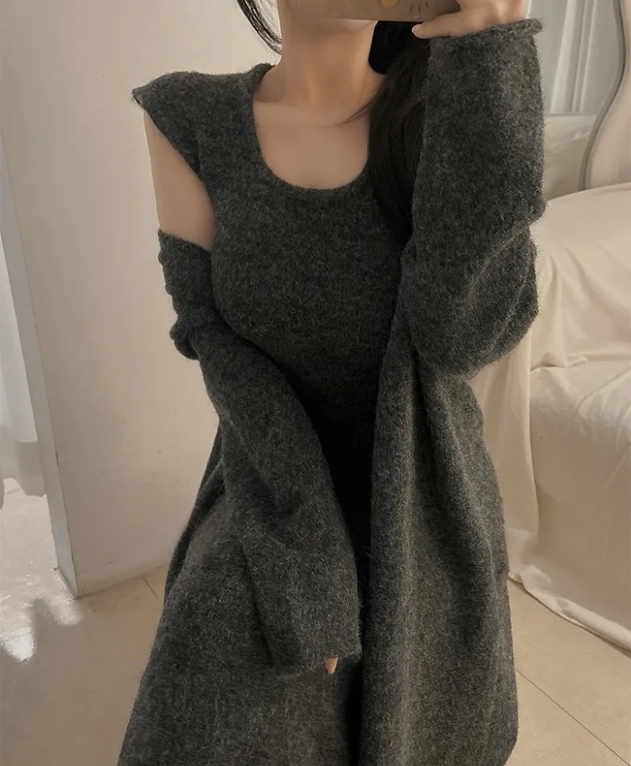 Temperament lazy dress knitted Casual coat 2pcs set