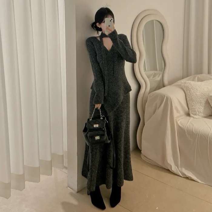 Knitted irregular skirt tender sweater 3pcs set