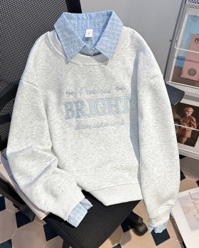 Pseudo-two loose tops thin stripe hoodie