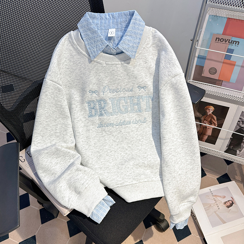 Pseudo-two loose tops thin stripe hoodie