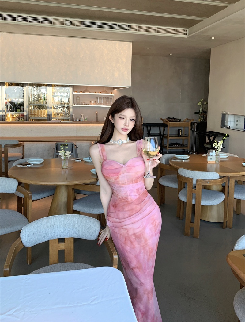 Blooming gauze enticement pinched waist long dress