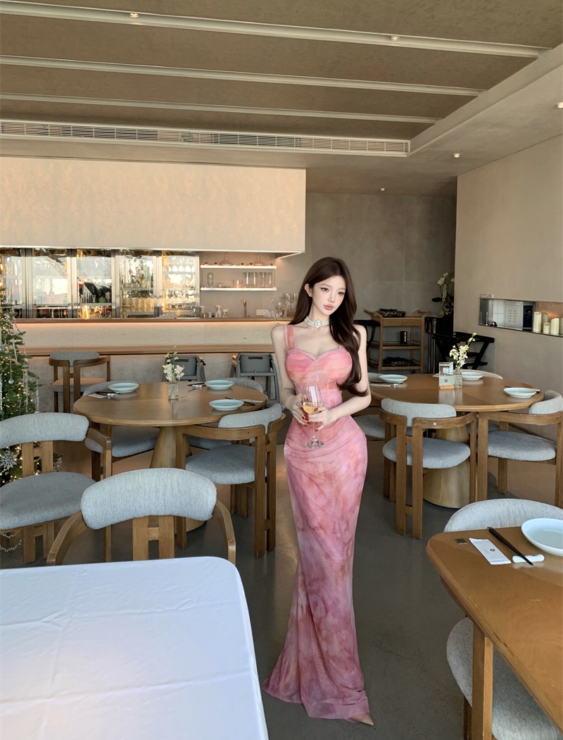 Blooming gauze enticement pinched waist long dress