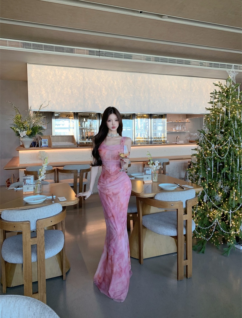 Blooming gauze enticement pinched waist long dress