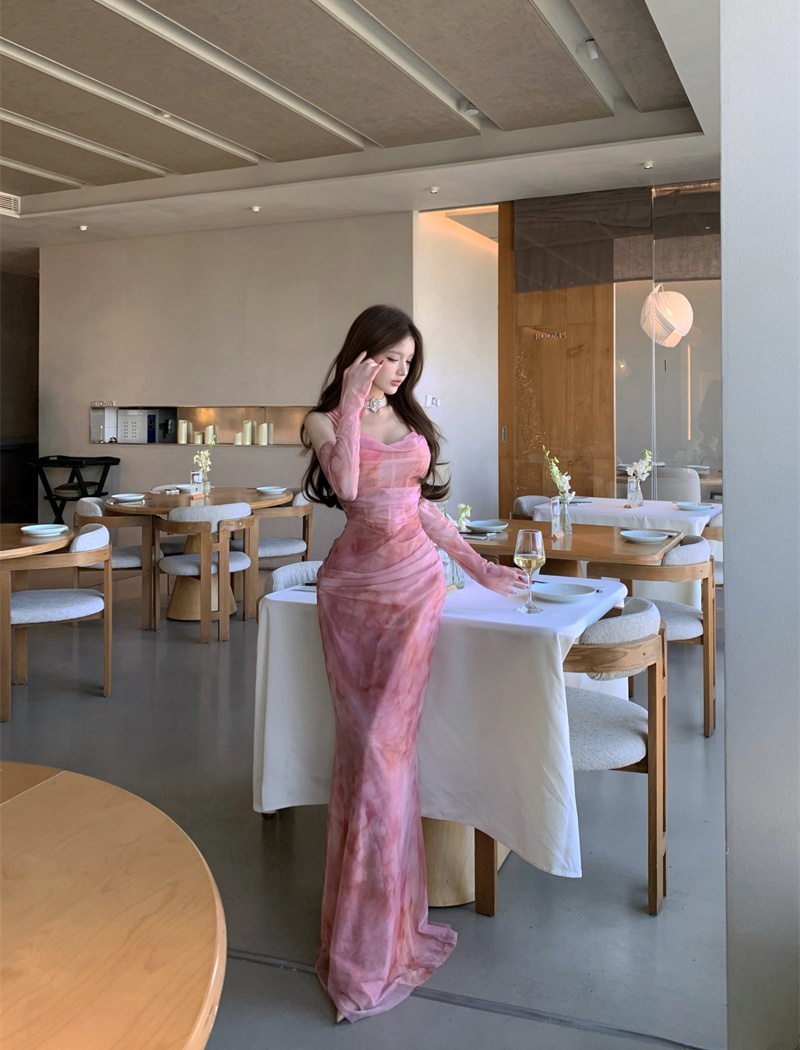 Blooming gauze enticement pinched waist long dress