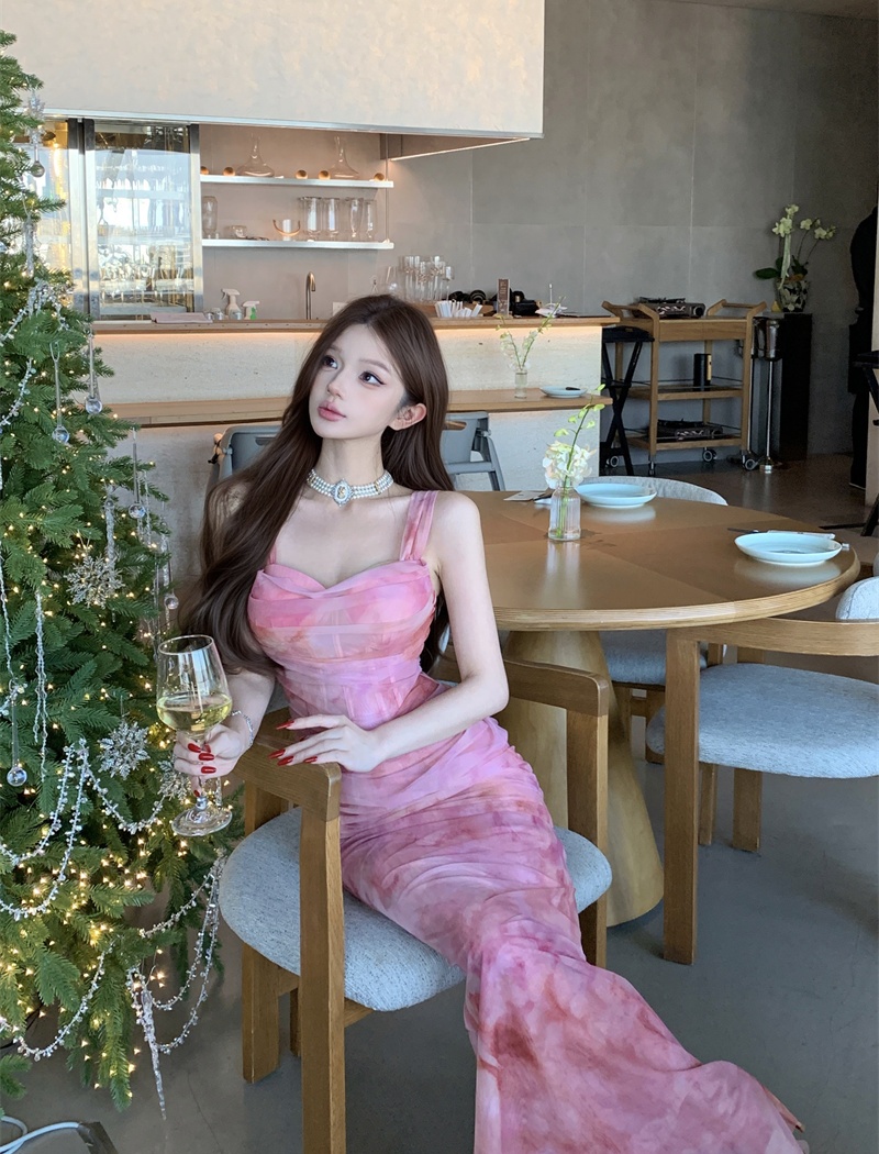 Blooming gauze enticement pinched waist long dress