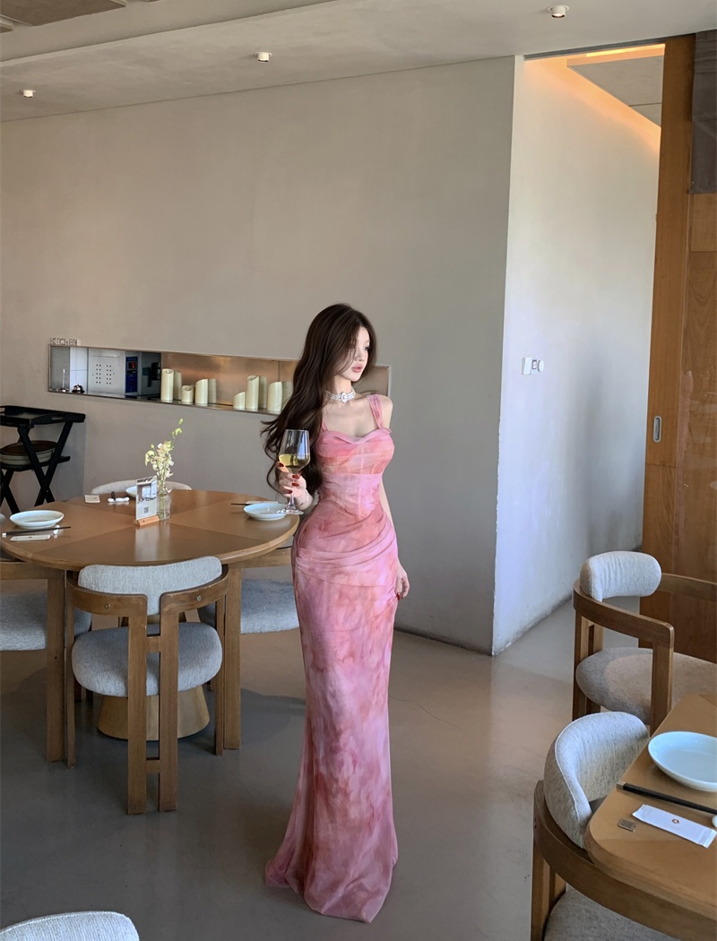 Blooming gauze enticement pinched waist long dress