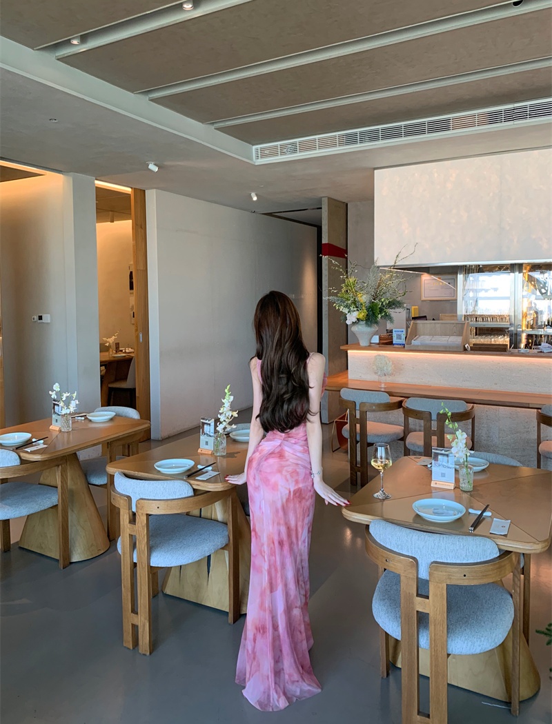 Blooming gauze enticement pinched waist long dress