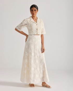 Embroidered tops short sleeve skirt 2pcs set