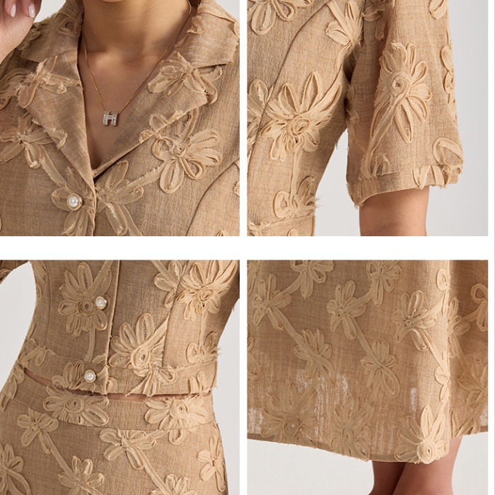 Embroidered tops short sleeve skirt 2pcs set