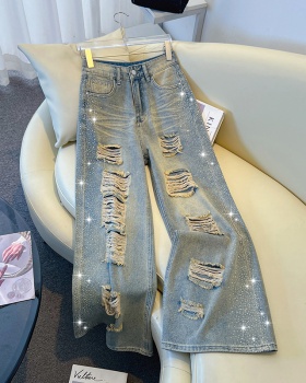 Rhinestone holes jeans slim wide leg pants for women