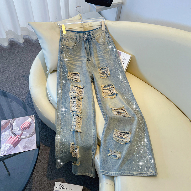 Rhinestone holes jeans slim wide leg pants for women