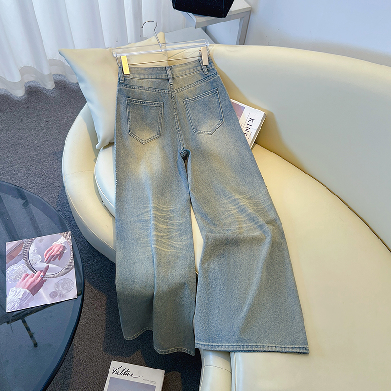 Rhinestone holes jeans slim wide leg pants for women