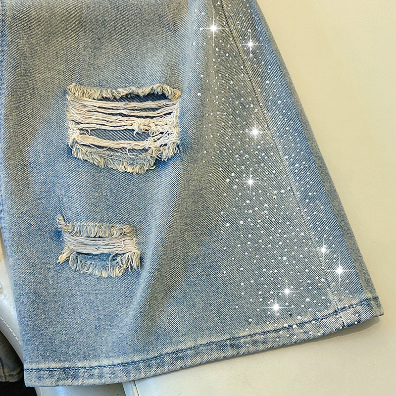 Rhinestone holes jeans slim wide leg pants for women