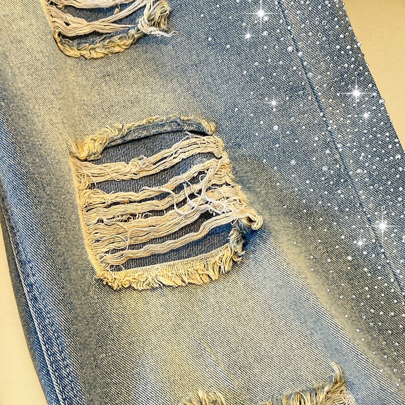 Rhinestone holes jeans slim wide leg pants for women