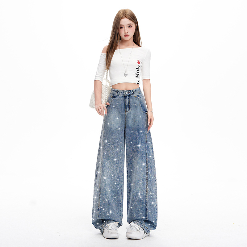 Glitter slim wide leg pants loose starry spring jeans