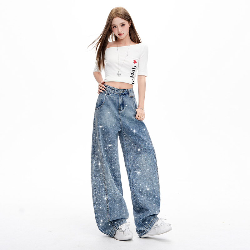 Glitter slim wide leg pants loose starry spring jeans