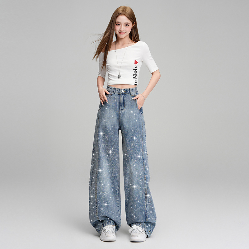 Glitter slim wide leg pants loose starry spring jeans