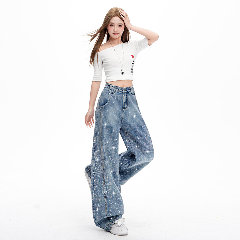 Glitter slim wide leg pants loose starry spring jeans