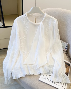 Lace pearl collar spring jacquard fashion shirt for women