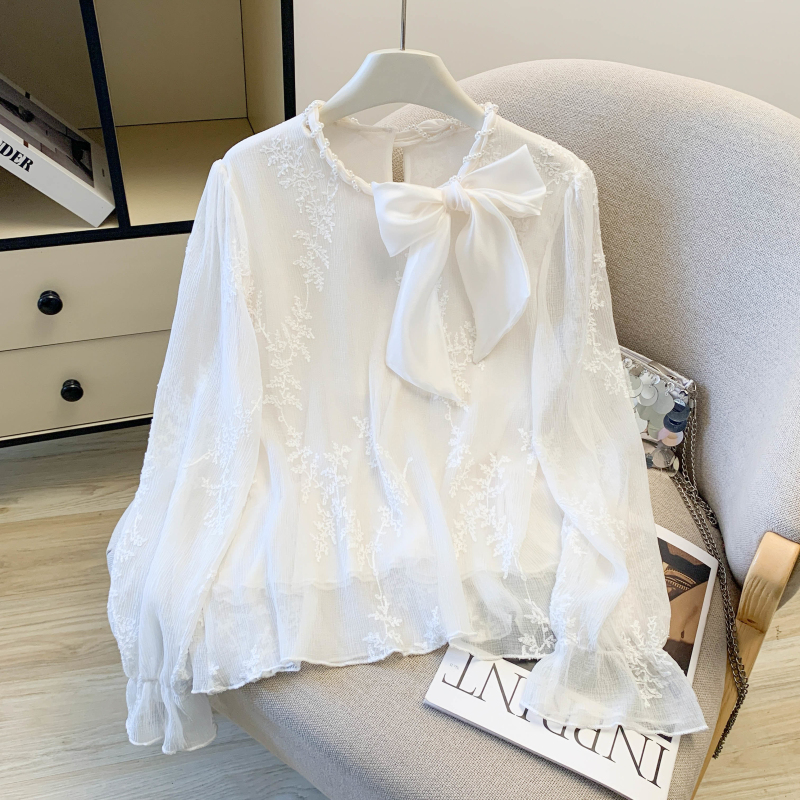 Lace pearl collar spring jacquard fashion shirt for women