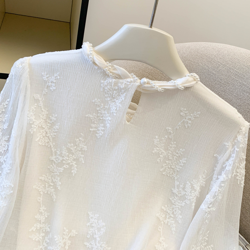 Lace pearl collar spring jacquard fashion shirt for women