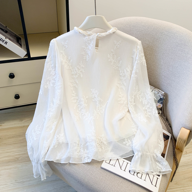 Lace pearl collar spring jacquard fashion shirt for women