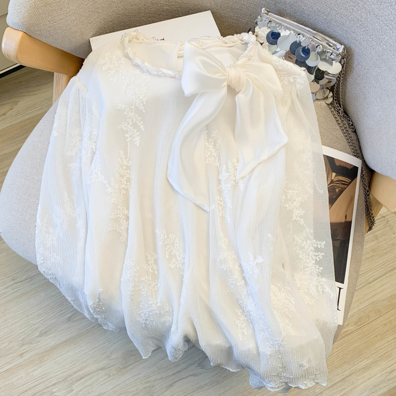 Lace pearl collar spring jacquard fashion shirt for women